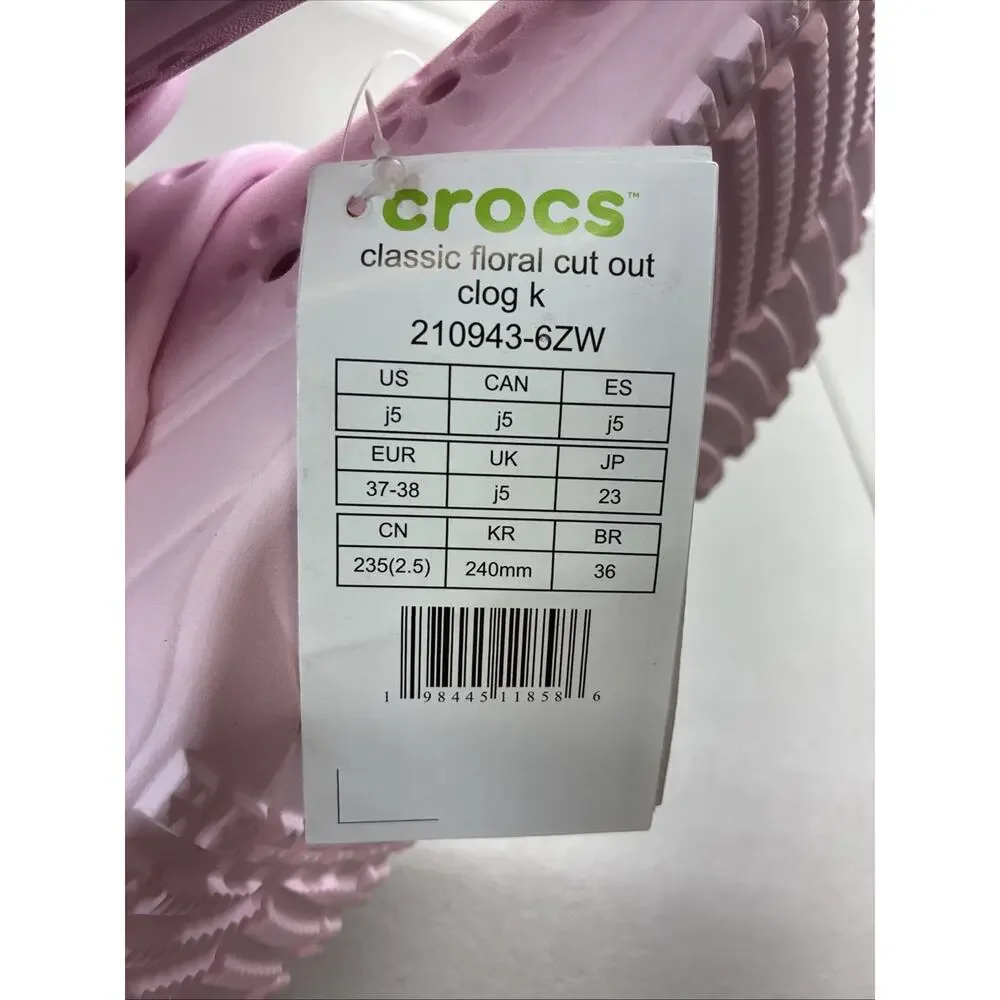 Crocs Kids' Classic Floral Cut Out Clogs Light Pink #210943-6ZW Size 5 J5 New